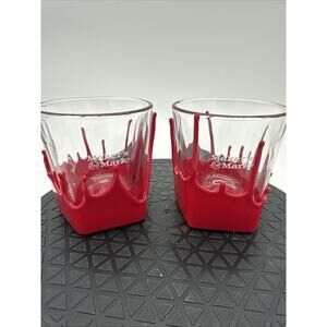 Set of 2 Maker's Mark Bourbon Red Wax Dipped Glasses w/ Fleur De Lis 3.25" Tall